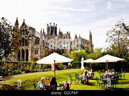 Ely Cathedral with a Café in the Cathedral Close, exterior view Stock Photo