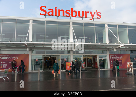 Shoppers at the entrance to Sainsbury's superstore within Washington north east England UK Stock Photo