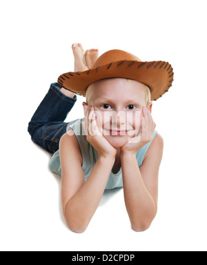 young smiling boy wearing cowboy hat, isolated on white Stock Photo