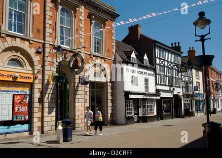 Street in Melton Mowbray with Ye Olde Pork Pie Shoppe. Stock Photo