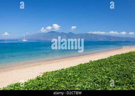 Beautiful day at North Beach, Ka'anapali, Maui, Hawaii. In the distance is Molokai. Stock Photo