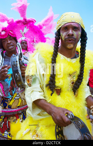 Mardi Gras Indians performing at the New Orleans Jazz Festival. Stock Photo