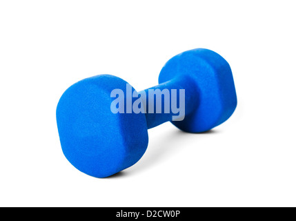Blue dumbbell weight isolated on white with soft shadow. Stock Photo