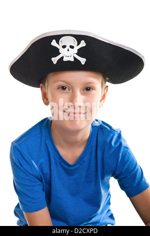 young smiling boy wearing pirate hat, isolated on white Stock Photo