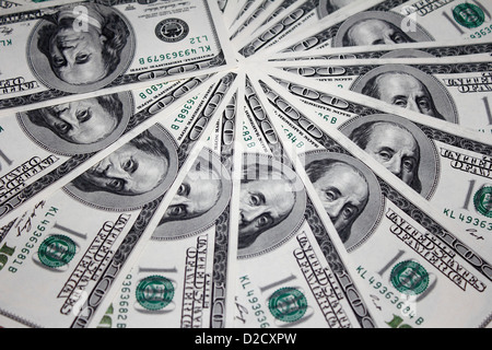 USA $ 100 dollar bills spread in a circle face up Stock Photo