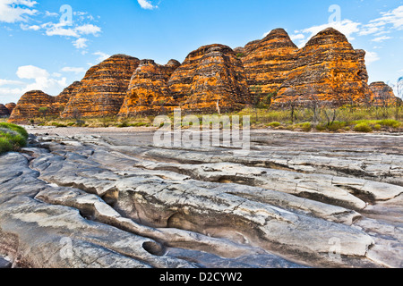 Bungle Bungle National Park, Purnululu, view of the beehive shaped sandstone domes and the dry riverbed of Piccaninny Creek Stock Photo