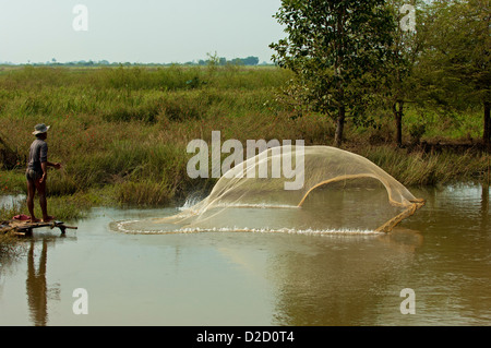Fisherman fishing by casting a throw net in a river, Battambang,  Battambang, Cambodia Stock Photo - Alamy