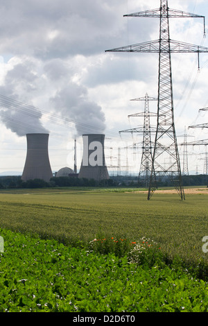 An agriculture field in front of a nuclear power station, Grafenrheinfeld, Germany Stock Photo