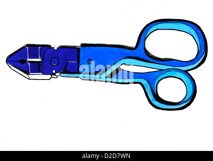 Original abstract water color and hand drawn painting or sketch of pliers and scissors on white background Stock Photo