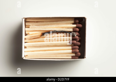 Single used match in box of unused matches Stock Photo