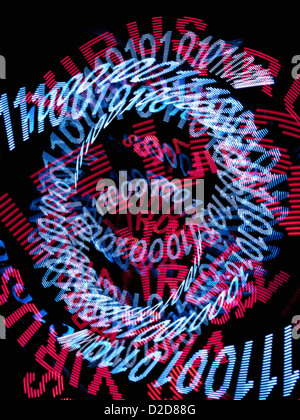 Spirals of blue binary code and the word VIRUS repeated many times in red Stock Photo