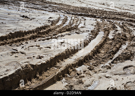 Deep tire tracks imprinted on a muddy terrain Stock Photo