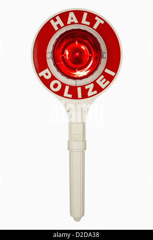 A handheld police traffic control sign with Halt Polizei, German for Stop Police Stock Photo