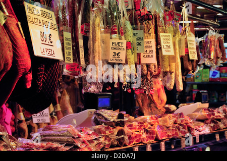 Barcelona, Spain. La Boqueria market (c1840) Jamon Iberico - cured ham Stock Photo