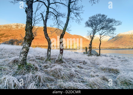 View across Loch Awe to Kilchurn Castle in Trossachs and Loch Lomond Park, Argyll & Bute, Scotland on a frosty Winter morning Stock Photo