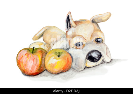 Toy teddy dog and sweet apples isolated- handmade watercolor painting illustration on a white paper art background Stock Photo