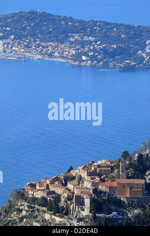 The medieval coastal village of Eze and the Cap Ferrat in the background Stock Photo