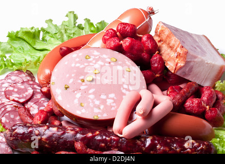 Meat and sausages on lettuce leaves. Isolated on white background from above. Stock Photo