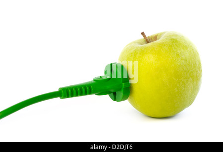 Green power cable attached to apple outlet against white background Stock Photo