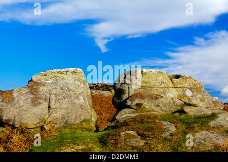 Gritstone rocks at Carl Wark an iron age hill fort near Hathersage in the Peak District National Park Derbyshire England UK Stock Photo