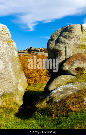 Gritstone rocks at Carl Wark an iron age hill fort near Hathersage in the Peak District National Park Derbyshire England UK Stock Photo