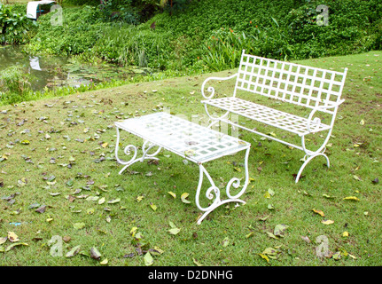 white bench and table in the park Stock Photo
