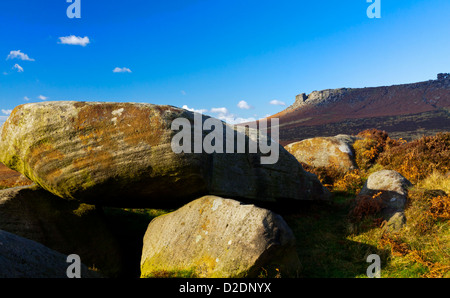 Gritstone rocks at Carl Wark an iron age hill fort near Hathersage in the Peak District National Park Derbyshire England UK Stock Photo