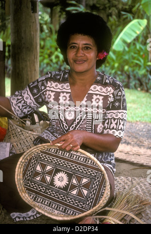 1, one, Fijian woman, Fijian, woman, weaving, basket, tapa, bark cloth, Viti Levu, Viti Levu Island, Fiji Island Group, Fiji Stock Photo
