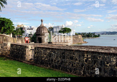 Old San Juan skyline city scenic with city wall, sentry box and La Fortaleza  Governor's mansion, Puerto Rico Stock Photo