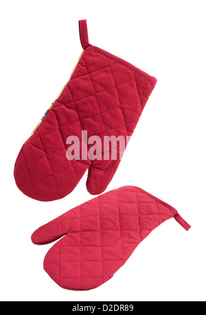 Two red kitchen oven mittens or gloves Stock Photo