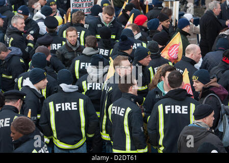 London, UK. 21st Jan, 2013. London firefighters hold a mass lobby of the London Fire and Emergency Planning Authority (LFEPA) meeting, protesting plans to close 12 fire stations, remove 18 fire engines and slash 520 firefighter posts. The lobby was  called by the London region of the Fire Brigades Union. Stock Photo