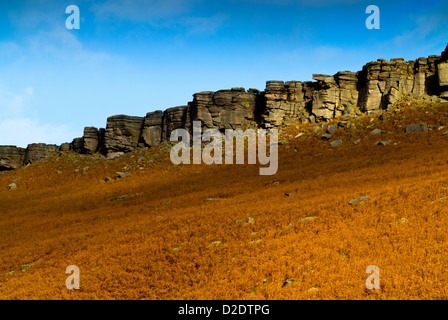 Stanage Edge in the Peak District National Park Derbyshire England UK a gritstone escarpment popular with rock climbers Stock Photo