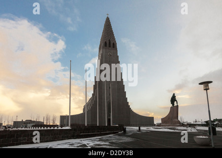Hallgrimskirkja, Reykjavik, Iceland in winter with statue of Leif Ericson Stock Photo