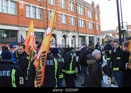 London, UK. 21st Jan, 2013. Firefighters protest outside London Fire Brigade Head Quarters as Fire Authority members vote down proposed cuts which would see 520 fire fighters made redundant, 12 fire stations close and the removal of 18 fire engines in the capital. Stock Photo