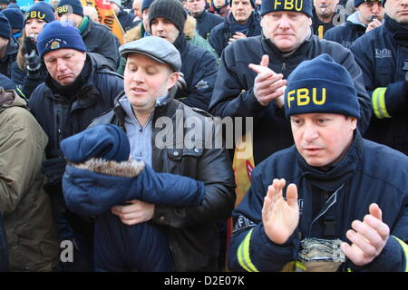 London, UK. 21st Jan, 2013. Firefighters protest outside London Fire Brigade Head Quarters as Fire Authority members vote down proposed cuts which would see 520 fire fighters made redundant, 12 fire stations close and the removal of 18 fire engines in the capital. Stock Photo