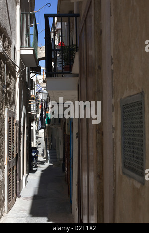 Old buildings houses in the street of Vieste, Gargano, Apulia, Puglia, Italy Stock Photo