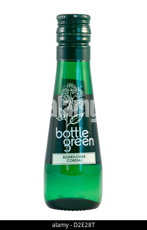 Miniature Bottle Green Elderflower Cordial isolated on white background Stock Photo