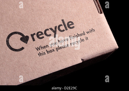 Cardboard Box Recycling Symbol and Message When you have finished with this box please recycle it Stock Photo