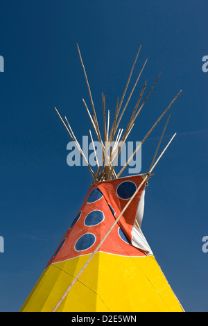 PAINTED NATIVE AMERICAN TEEPEE SAINT MARY LODGE RESORT SAINT MARYS GLACIER NATIONAL PARK MONTANA USA Stock Photo