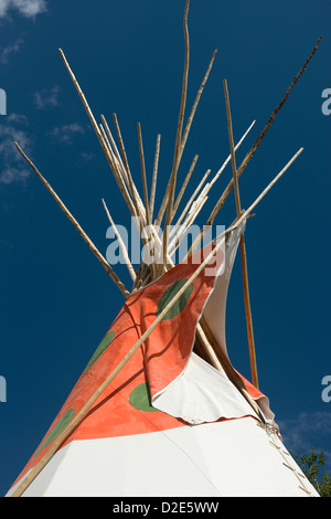 PAINTED NATIVE AMERICAN TEEPEE SAINT MARY LODGE RESORT SAINT MARYS GLACIER NATIONAL PARK MONTANA USA Stock Photo