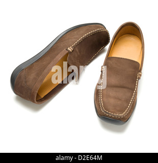 One pair of brown suede shoes isolated on white background Stock Photo