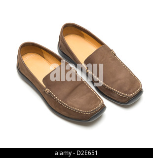 One pair of brown suede shoes isolated on white background Stock Photo