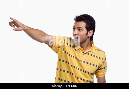 Close-up of a man pointing upward Stock Photo