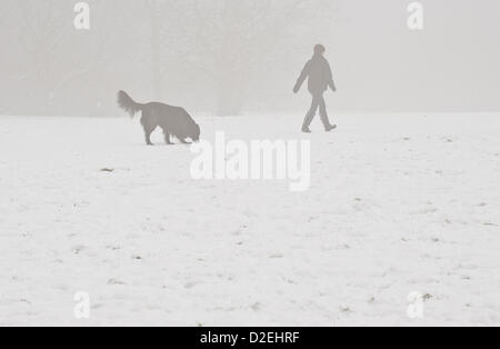 Westley Heights, Basildon, Essex, UK. 22nd January 2013. People walk in snow and freezing fog in Westley Heights. Photographer: Gordon Scammell Stock Photo