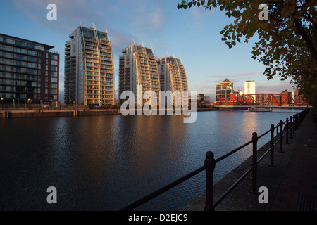Salford Quays NV Buildings shine in the winter sun Detroit bridge (right) Stock Photo