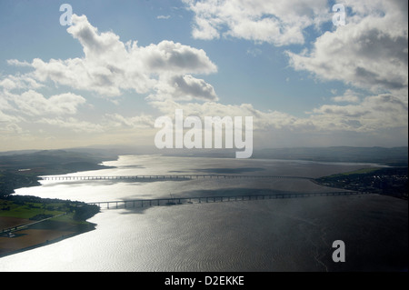 The River Tay from the air at Dundee, the road bridge in the foreground and the rial bridge behind, looking up river Stock Photo