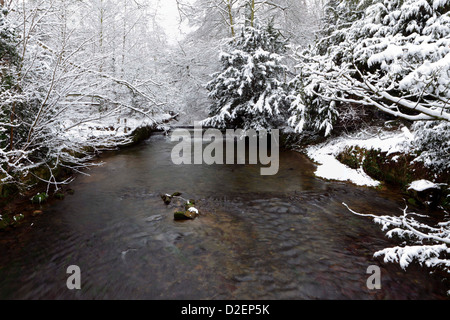 Wintry scene viewed from Longnor road bridge in the county of Shropshire. Stock Photo