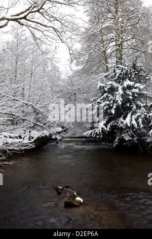 Wintry scene viewed from Longnor road bridge in the county of Shropshire. Stock Photo