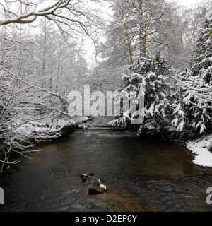 Wintry scene viewed from Longnor road bridge in the county of Shropshire. Stock Photo