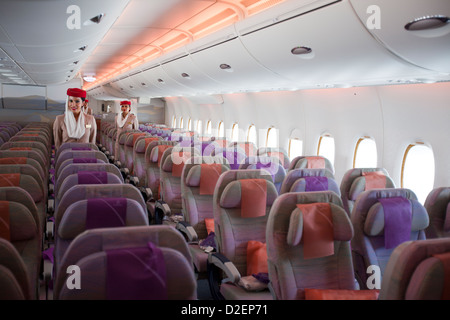 Airbus a380 Emirates Airways standard class economy seats Stock Photo